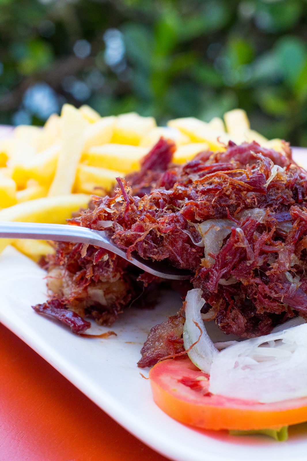 Carne de sol desfiada e dourada com cebola, servida com batata frita